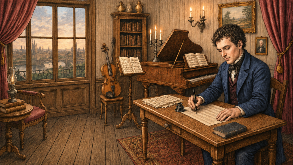 19th century composer at work, flipped and adjusted youtube blended colour webpage