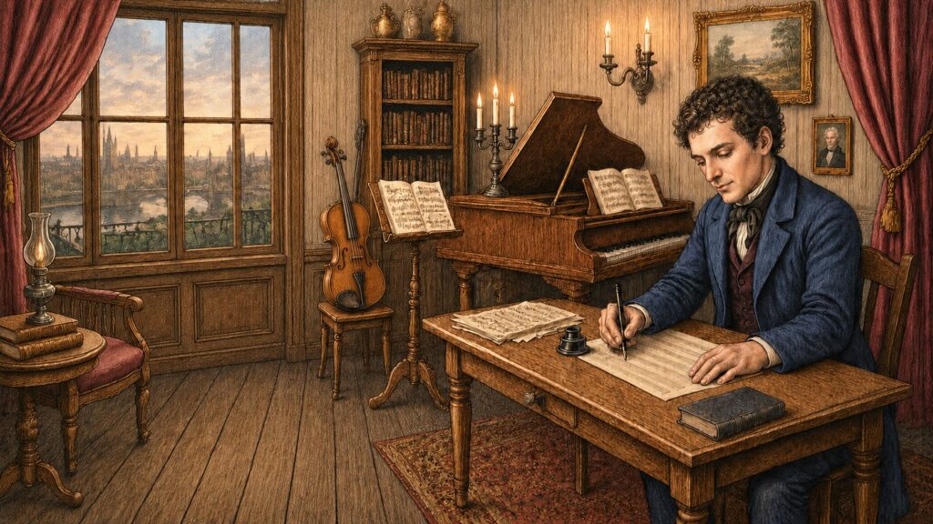 19th century composer at work, flipped and adjusted youtube blended colour webpage